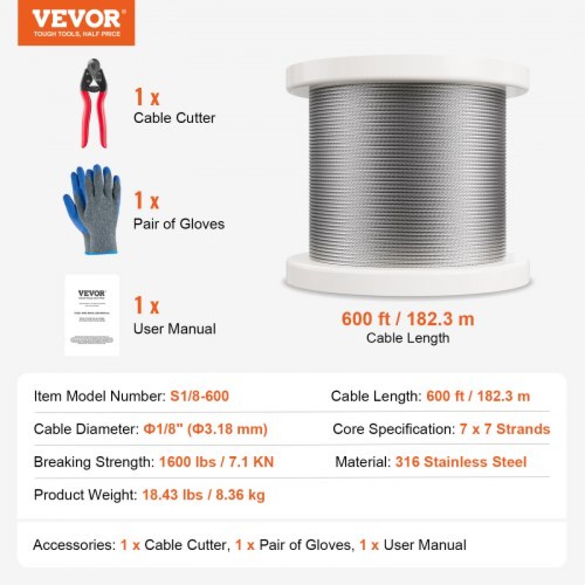 Κιτ συρματόσχοινων VEVOR, 1/8" 600 πόδια 316 καλώδιο από ανοξείδωτο χάλυβα με κόφτη και γάντια, 1600 λίβρες αντοχή σε θραύση, 7x7 σκέλη Κατασκευή θαλάσσιου αεροσκάφους Κατηγορία για φράχτη κουπαστή σκάλας καταστρώματος σε εξωτερικούς χώρους