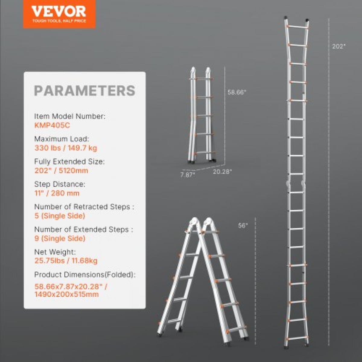 VEVOR Telescoping Ladder A Frame, 17 FT Compact Extension Ladder από αλουμίνιο, πολλαπλών λειτουργιών φορητή πτυσσόμενη σκάλα RV, τηλεσκοπική σκάλα για σκάλες εργασίας για το σπίτι Εσωτερική οροφή εξωτερικού χώρου, φορτίο 330 lb