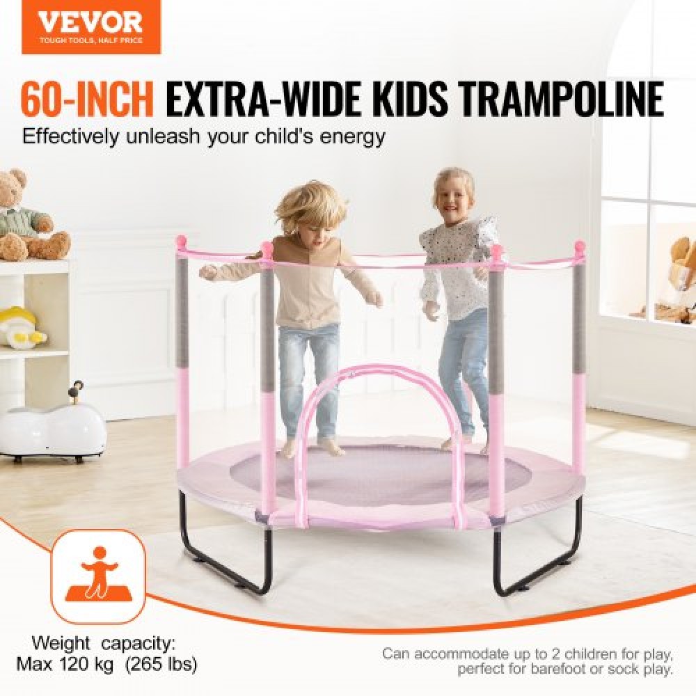 VEVOR 60" Παιδικό τραμπολίνο, Τραμπολίνο εσωτερικού χώρου 5 FT, Τραμπολίνο για νήπια ψυχαγωγίας με δίχτυ ασφαλείας και στεφάνι μπάσκετ, Δώρα γενεθλίων Χριστουγεννιάτικα παιχνίδια για παιδιά 3+ ετών, ροζ