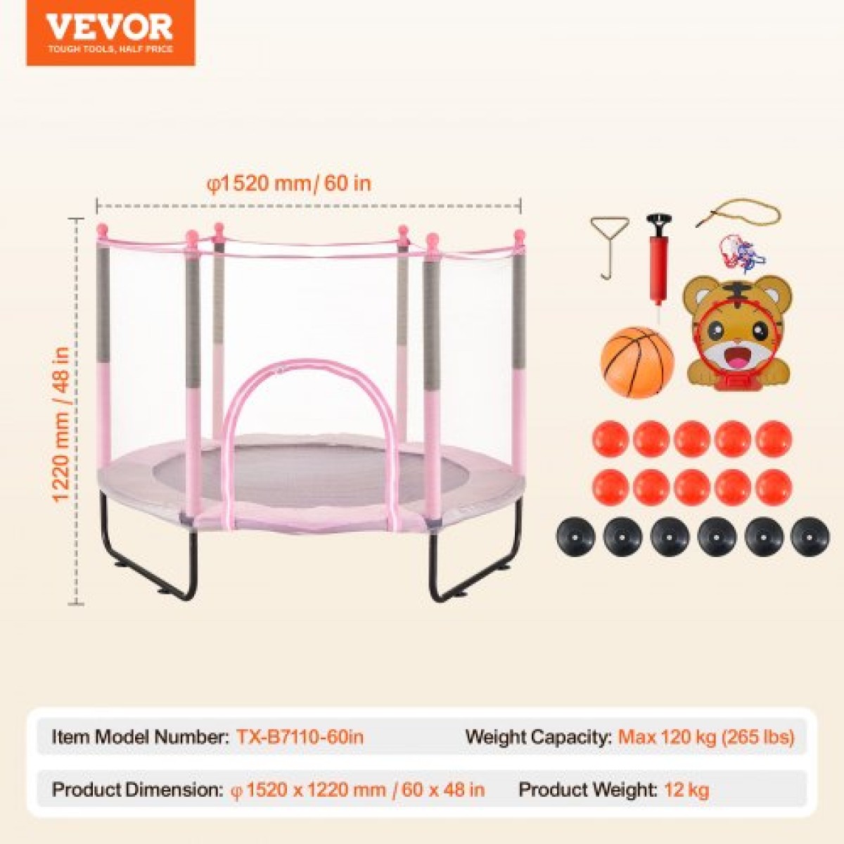 VEVOR 60" Παιδικό τραμπολίνο, Τραμπολίνο εσωτερικού χώρου 5 FT, Τραμπολίνο για νήπια ψυχαγωγίας με δίχτυ ασφαλείας και στεφάνι μπάσκετ, Δώρα γενεθλίων Χριστουγεννιάτικα παιχνίδια για παιδιά 3+ ετών, ροζ