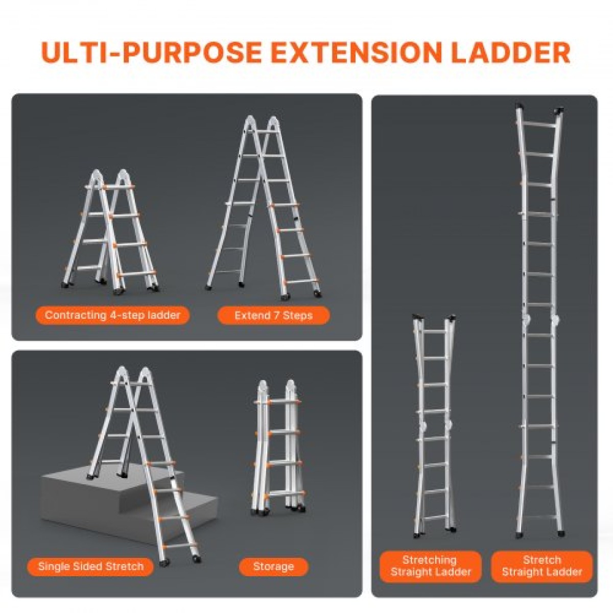 VEVOR Telescoping Ladder A Frame, 13 FT Compact Extension Ladder από αλουμίνιο, πολλαπλών λειτουργιών φορητή πτυσσόμενη σκάλα RV, τηλεσκοπική σκάλα για σκάλες εργασίας για το σπίτι Εσωτερική οροφή εξωτερικού χώρου, φορτίο 330 lb