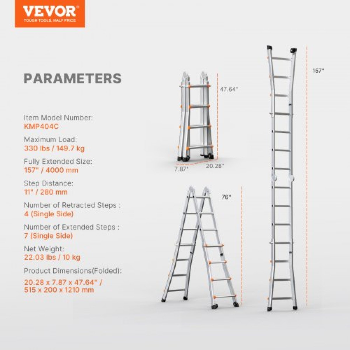 VEVOR Telescoping Ladder A Frame, 13 FT Compact Extension Ladder από αλουμίνιο, πολλαπλών λειτουργιών φορητή πτυσσόμενη σκάλα RV, τηλεσκοπική σκάλα για σκάλες εργασίας για το σπίτι Εσωτερική οροφή εξωτερικού χώρου, φορτίο 330 lb