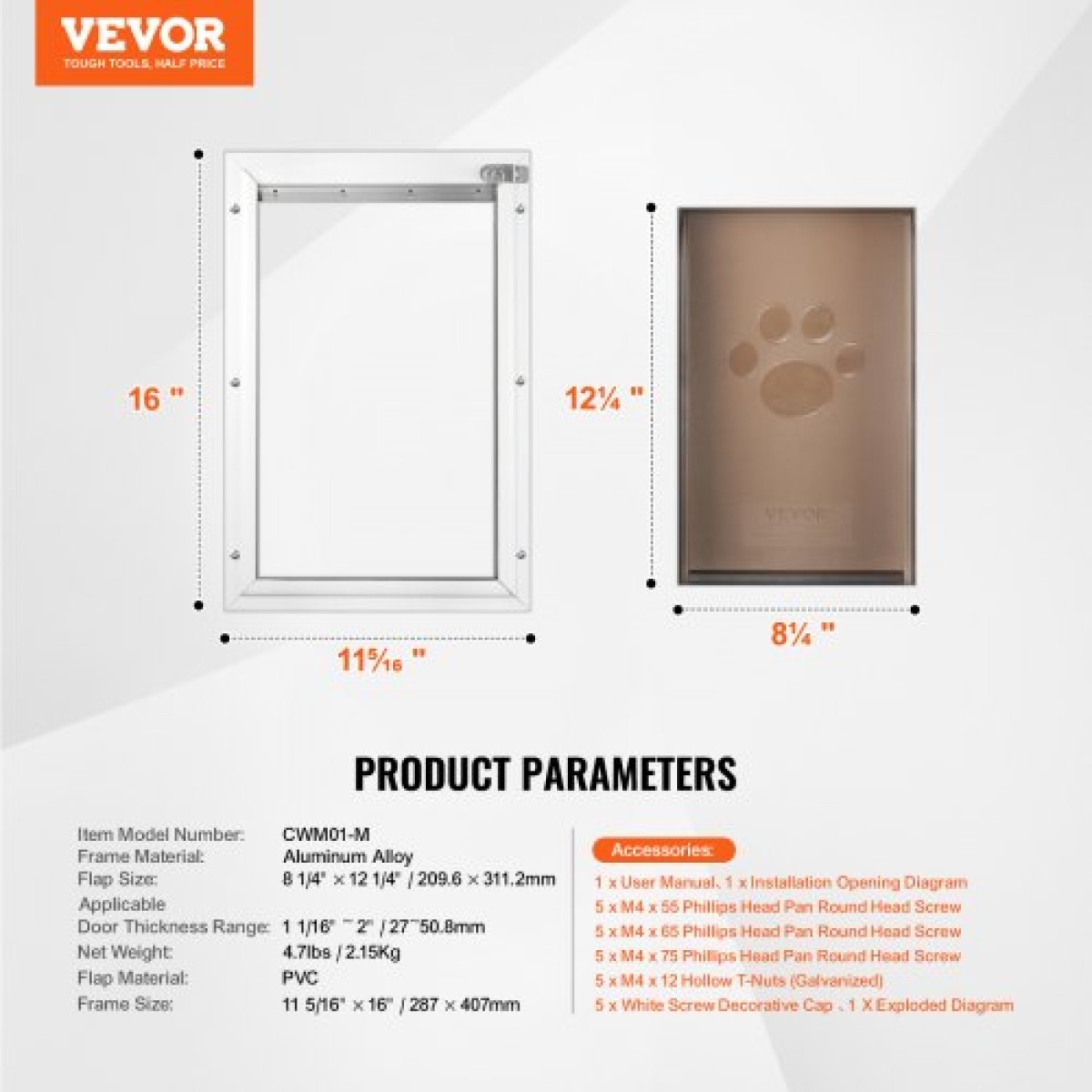 Πόρτα κατοικίδιων VEVOR, 11,3" x 16,02" Πλαίσιο αλουμινίου με σύστημα κλειδαριάς και πτερυγίου, αδιάβροχη πόρτα σκυλιών, εύκολη εγκατάσταση σε εσωτερικές ή εξωτερικές πόρτες, πόρτα κατοικίδιων κατάλληλη για γατάκια σκυλάκια γάτας (White-M)