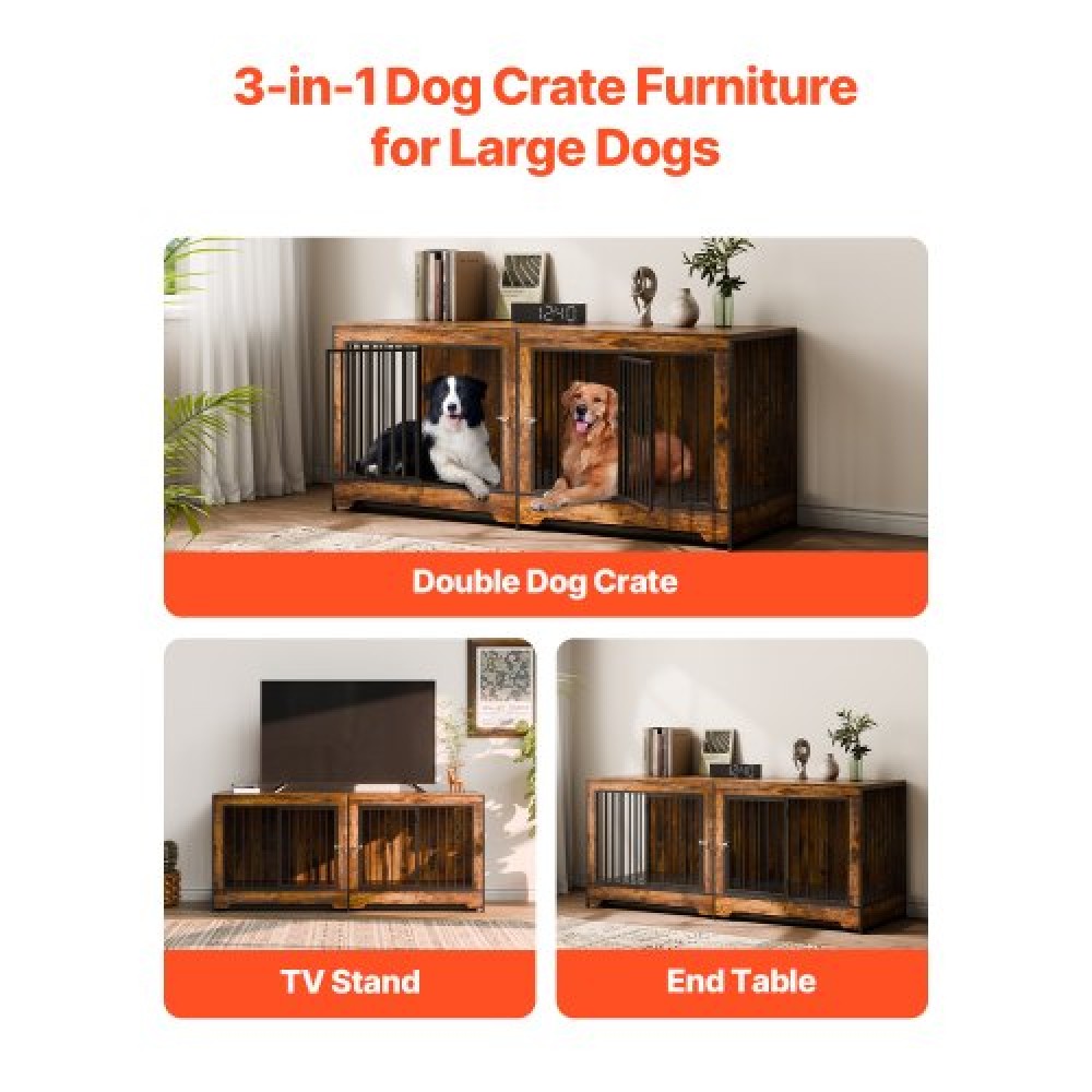 Έπιπλα VEVOR 75" Dog Crate for 2 Dogs, Extra Large Double Dog Crate Furniture Large Breed with Divider & Double doors, Μεγάλο ξύλινο τελάρο για σκύλους έπιπλα βάσης τηλεόρασης για σκύλους μεσαίου μεγέθους Καφέ
