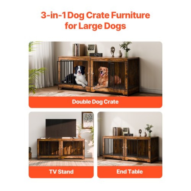 Έπιπλα VEVOR 75" Dog Crate for 2 Dogs, Extra Large Double Dog Crate Furniture Large Breed with Divider & Double doors, Μεγάλο ξύλινο τελάρο για σκύλους έπιπλα βάσης τηλεόρασης για σκύλους μεσαίου μεγέθους Καφέ
