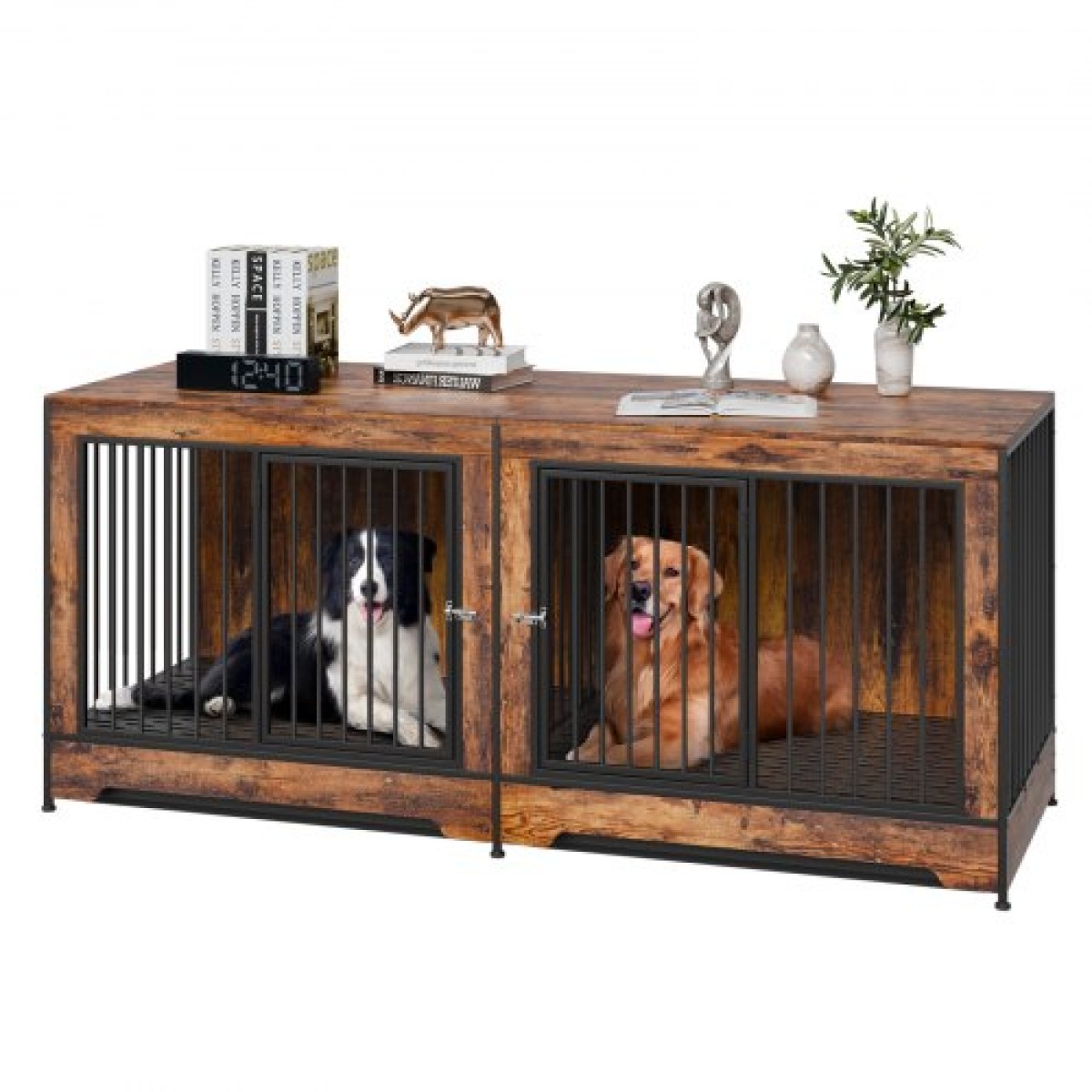 Έπιπλα VEVOR 75" Dog Crate for 2 Dogs, Extra Large Double Dog Crate Furniture Large Breed with Divider & Double doors, Μεγάλο ξύλινο τελάρο για σκύλους έπιπλα βάσης τηλεόρασης για σκύλους μεσαίου μεγέθους Καφέ