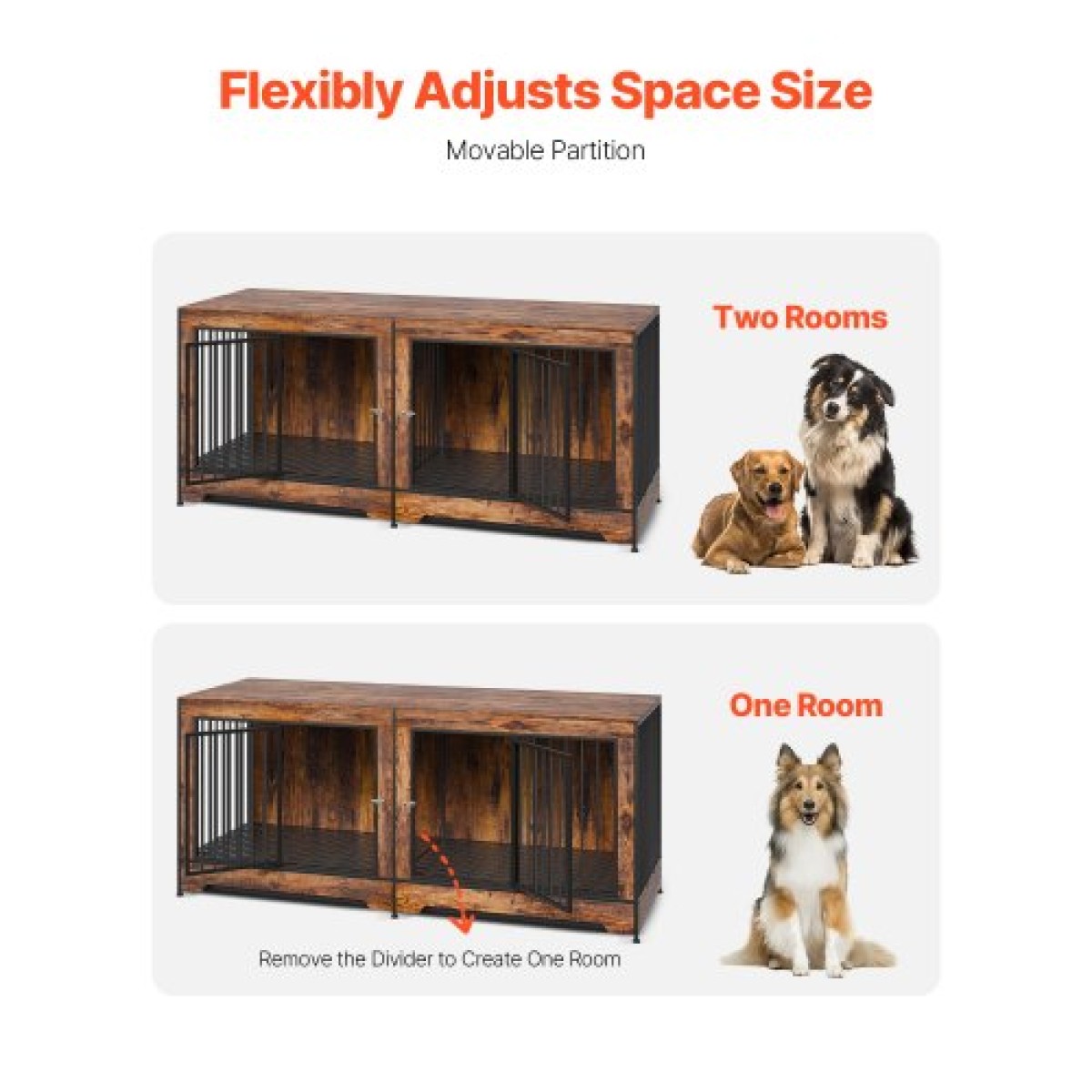 Έπιπλα VEVOR 75" Dog Crate for 2 Dogs, Extra Large Double Dog Crate Furniture Large Breed with Divider & Double doors, Μεγάλο ξύλινο τελάρο για σκύλους έπιπλα βάσης τηλεόρασης για σκύλους μεσαίου μεγέθους Καφέ