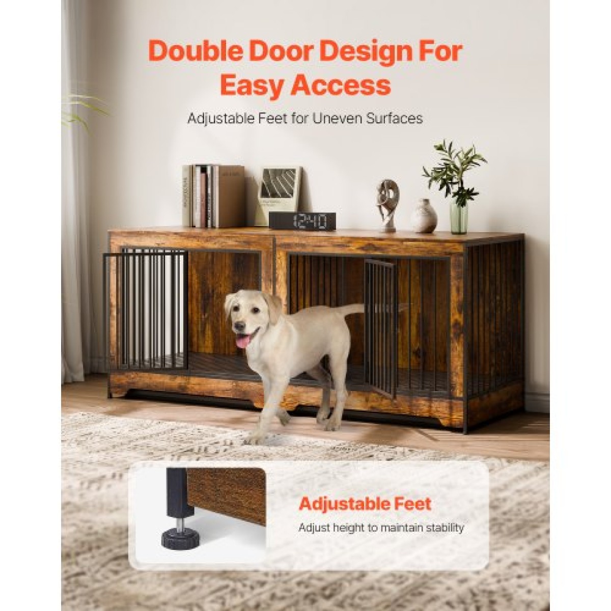 Έπιπλα VEVOR 75" Dog Crate for 2 Dogs, Extra Large Double Dog Crate Furniture Large Breed with Divider & Double doors, Μεγάλο ξύλινο τελάρο για σκύλους έπιπλα βάσης τηλεόρασης για σκύλους μεσαίου μεγέθους Καφέ