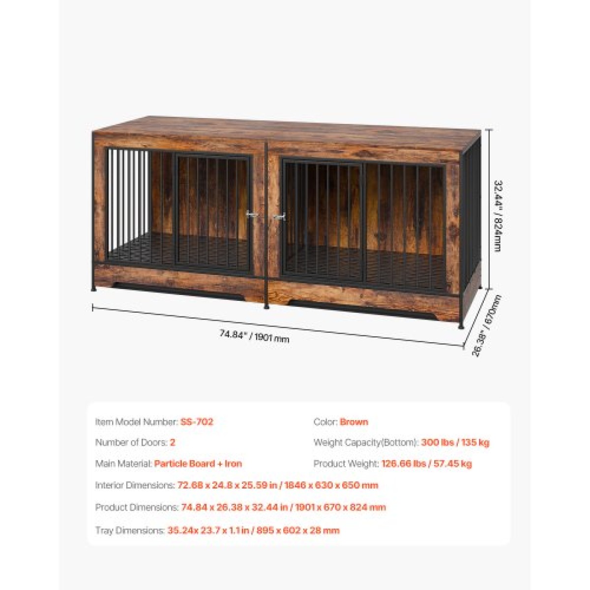 Έπιπλα VEVOR 75" Dog Crate for 2 Dogs, Extra Large Double Dog Crate Furniture Large Breed with Divider & Double doors, Μεγάλο ξύλινο τελάρο για σκύλους έπιπλα βάσης τηλεόρασης για σκύλους μεσαίου μεγέθους Καφέ
