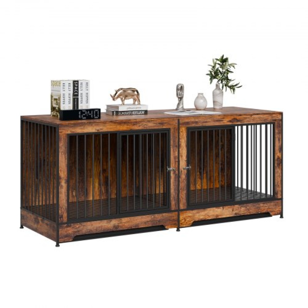 Έπιπλα VEVOR 75" Dog Crate for 2 Dogs, Extra Large Double Dog Crate Furniture Large Breed with Divider & Double doors, Μεγάλο ξύλινο τελάρο για σκύλους έπιπλα βάσης τηλεόρασης για σκύλους μεσαίου μεγέθους Καφέ