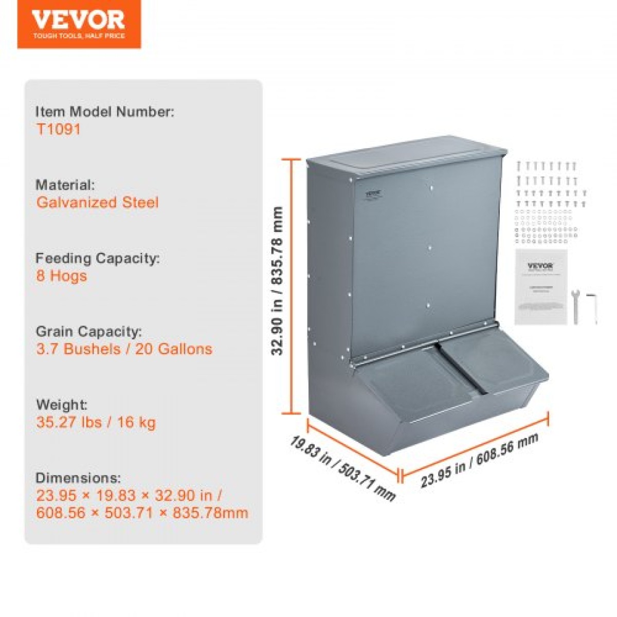 VEVOR Hog Feeder, 3,7 Bushel Capacity, Double Door Pig Feeder, Heavy Duty Steel Feeder Piglets, Multipurpose Trough Creep Feeder, Outdoor Livestock Feeder Farm αξεσουάρ για τάισμα έως και 8 γουρουνιών