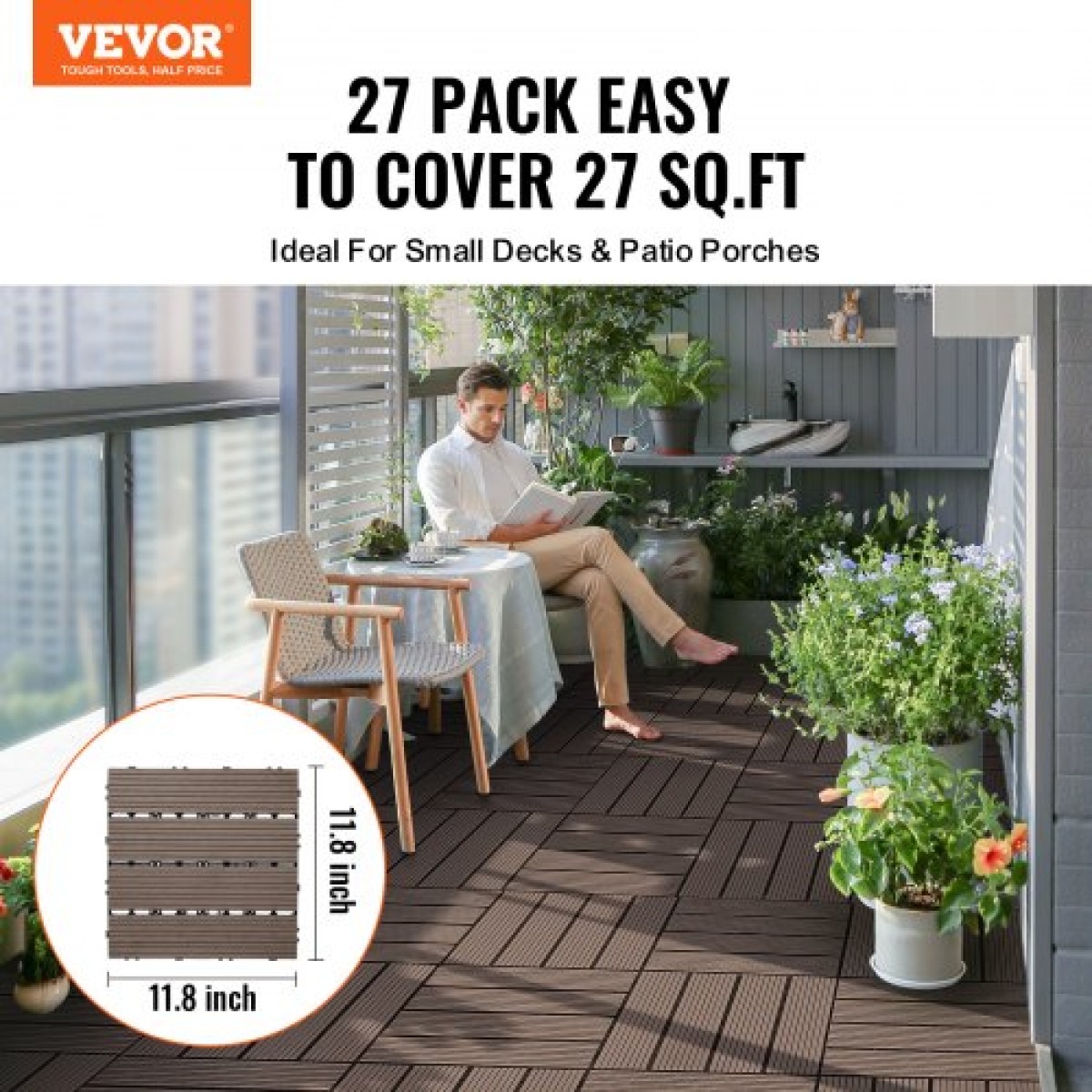 VEVOR Interlocking Deck Tiles Plastic Wood, 27 Pack, 12"x12" 27 sq. ft Αδιάβροχο δάπεδο εξωτερικού χώρου για όλες τις καιρικές συνθήκες, Πλακάκια κάλυψης δαπέδου βεράντας για βεράντα δίπλα στην πισίνα Μπαλκόνι πίσω αυλή, σκούρο καφέ
