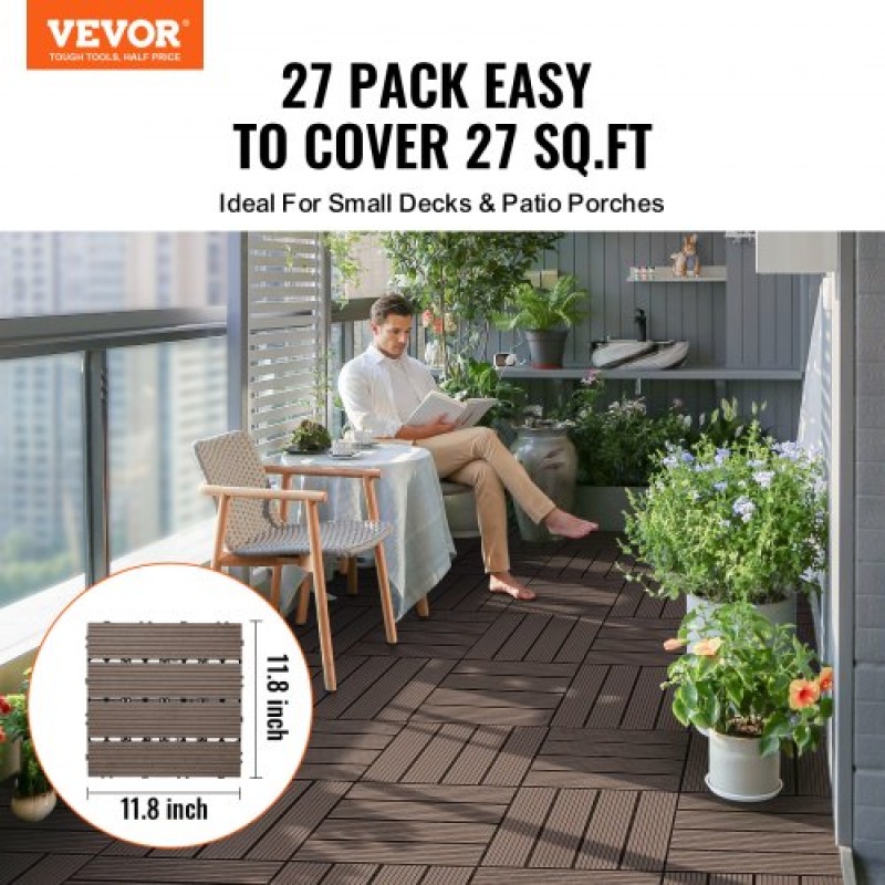VEVOR Interlocking Deck Tiles Plastic Wood, 27 Pack, 12"x12" 27 sq. ft Αδιάβροχο δάπεδο εξωτερικού χώρου για όλες τις καιρικές συνθήκες, Πλακάκια κάλυψης δαπέδου βεράντας για βεράντα δίπλα στην πισίνα Μπαλκόνι πίσω αυλή, σκούρο καφέ
