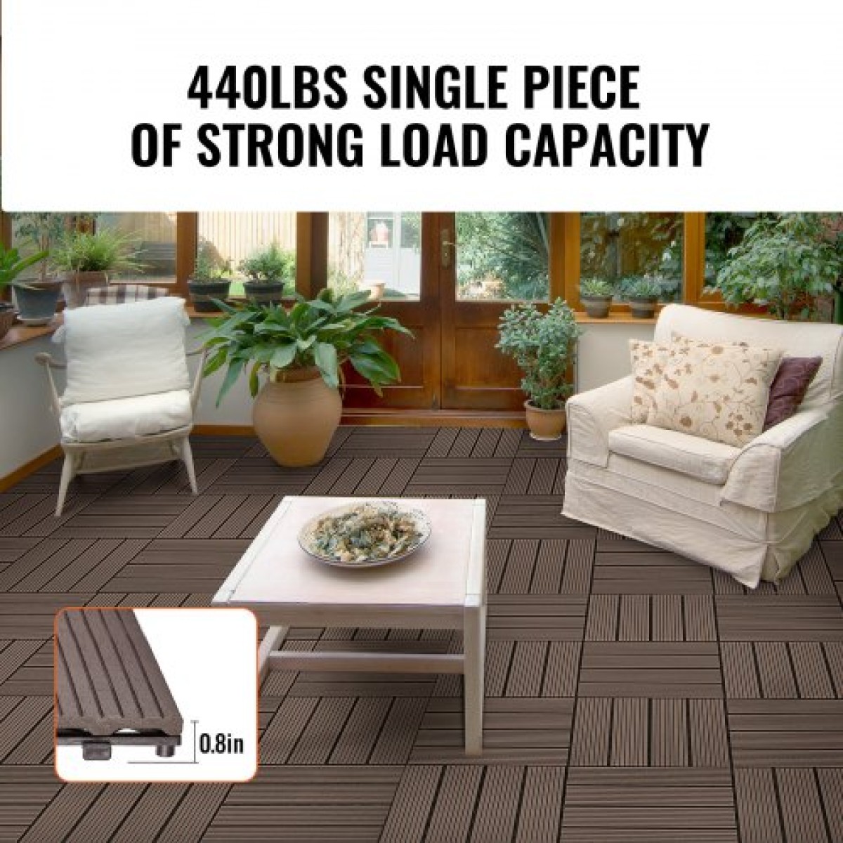 VEVOR Interlocking Deck Tiles Plastic Wood, 27 Pack, 12"x12" 27 sq. ft Αδιάβροχο δάπεδο εξωτερικού χώρου για όλες τις καιρικές συνθήκες, Πλακάκια κάλυψης δαπέδου βεράντας για βεράντα δίπλα στην πισίνα Μπαλκόνι πίσω αυλή, σκούρο καφέ