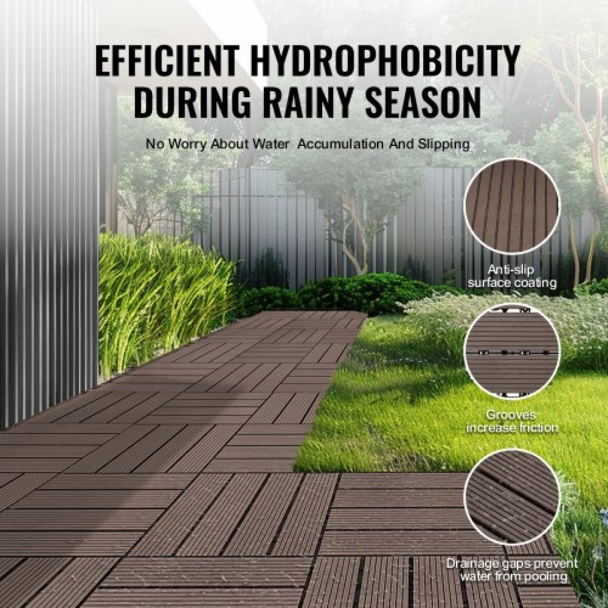 VEVOR Interlocking Deck Tiles Plastic Wood, 27 Pack, 12"x12" 27 sq. ft Αδιάβροχο δάπεδο εξωτερικού χώρου για όλες τις καιρικές συνθήκες, Πλακάκια κάλυψης δαπέδου βεράντας για βεράντα δίπλα στην πισίνα Μπαλκόνι πίσω αυλή, σκούρο καφέ