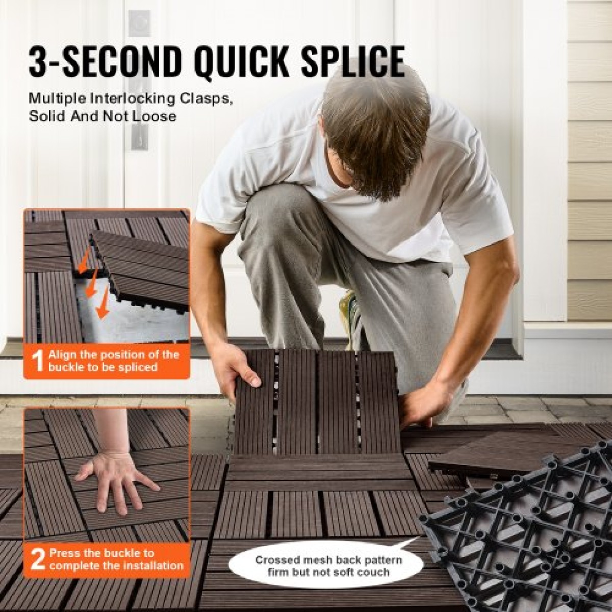 VEVOR Interlocking Deck Tiles Plastic Wood, 27 Pack, 12"x12" 27 sq. ft Αδιάβροχο δάπεδο εξωτερικού χώρου για όλες τις καιρικές συνθήκες, Πλακάκια κάλυψης δαπέδου βεράντας για βεράντα δίπλα στην πισίνα Μπαλκόνι πίσω αυλή, σκούρο καφέ
