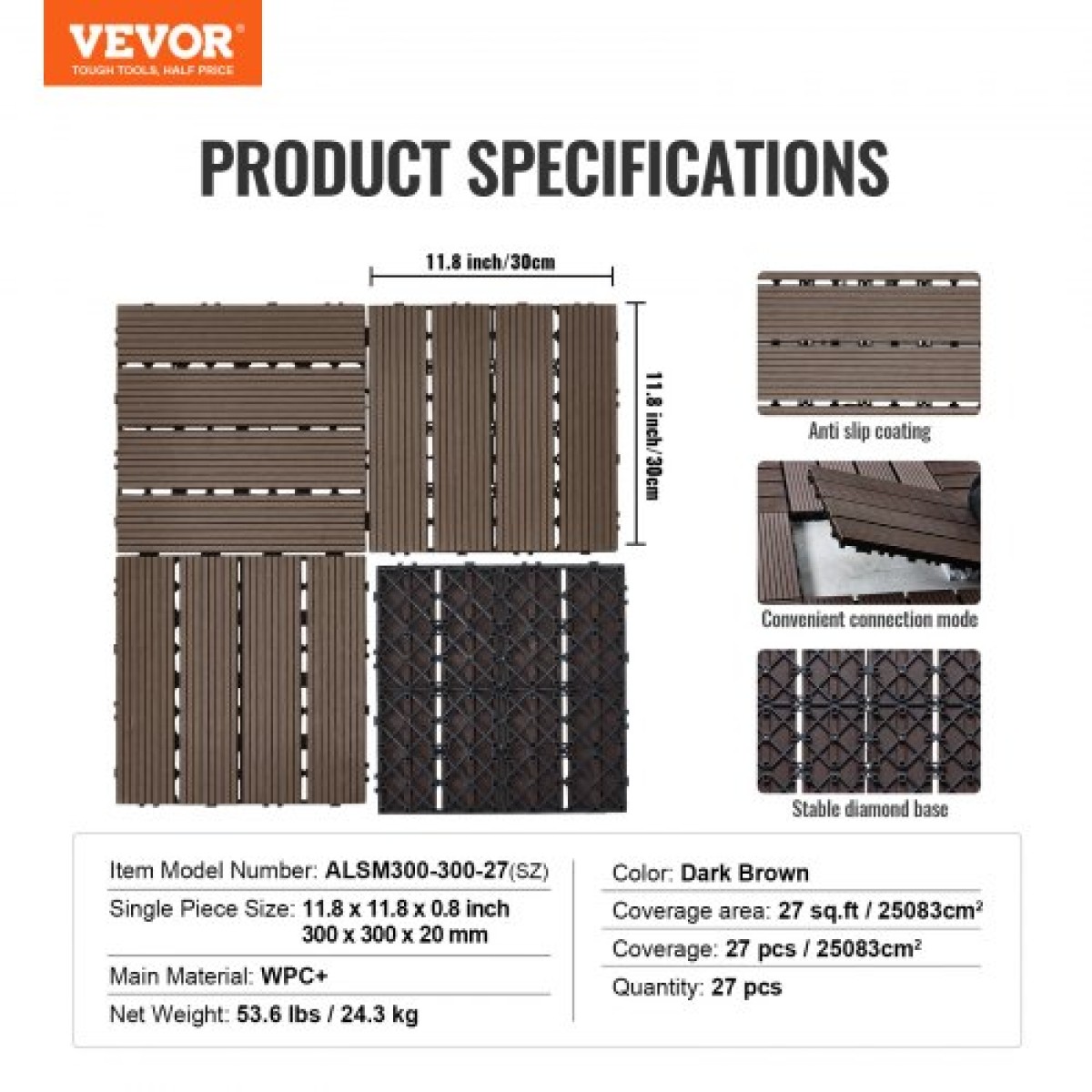 VEVOR Interlocking Deck Tiles Plastic Wood, 27 Pack, 12"x12" 27 sq. ft Αδιάβροχο δάπεδο εξωτερικού χώρου για όλες τις καιρικές συνθήκες, Πλακάκια κάλυψης δαπέδου βεράντας για βεράντα δίπλα στην πισίνα Μπαλκόνι πίσω αυλή, σκούρο καφέ