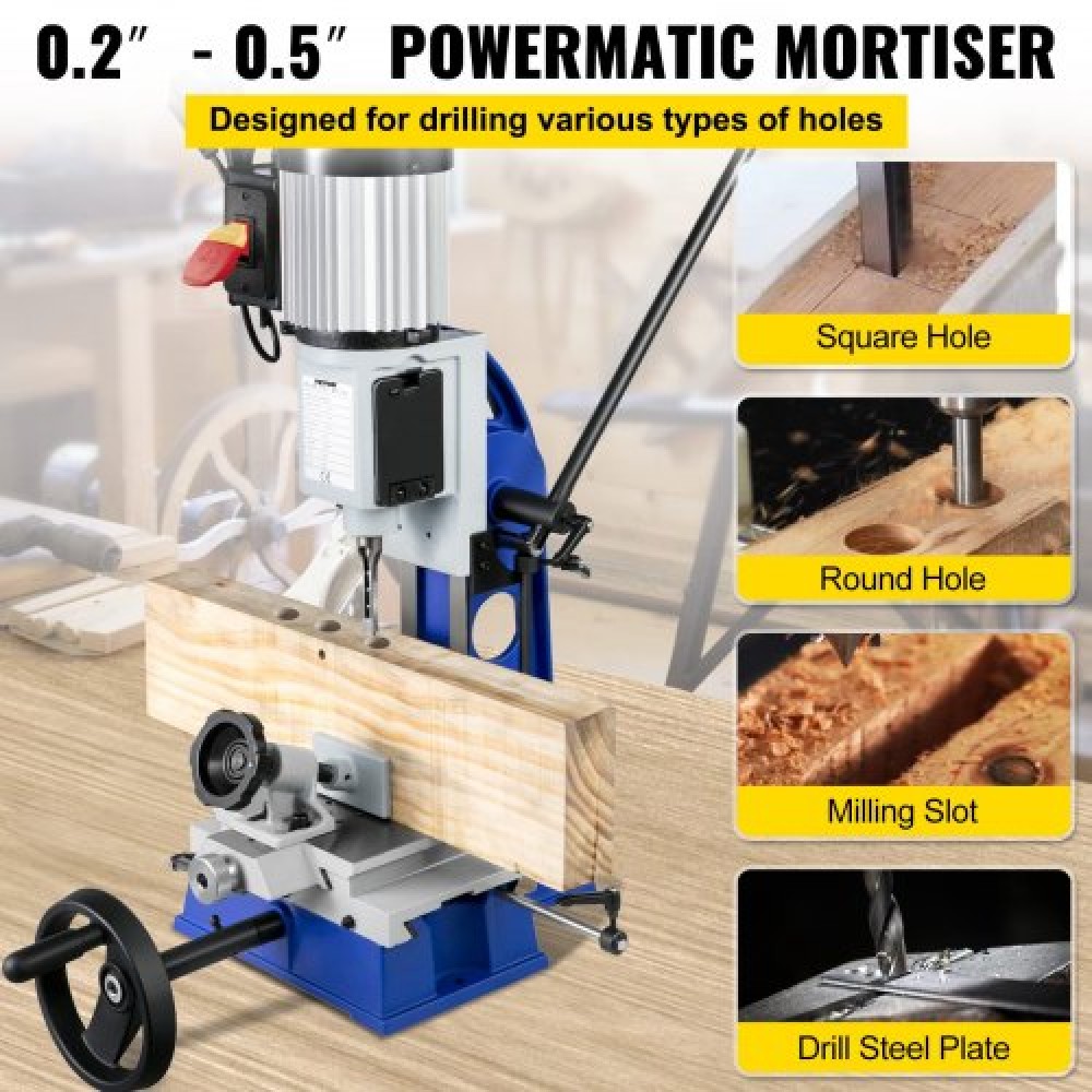 VEVOR Woodworking Woodworking Machine Mortise, 373 W (1/2 HP) 1400RPM Powermatic Mortiser, με κινητή μηχανή πάγκου εργασίας, για δημιουργία στρογγυλών οπών Τετράγωνες τρύπες ή ειδικές τετράγωνες τρύπες στο ξύλο