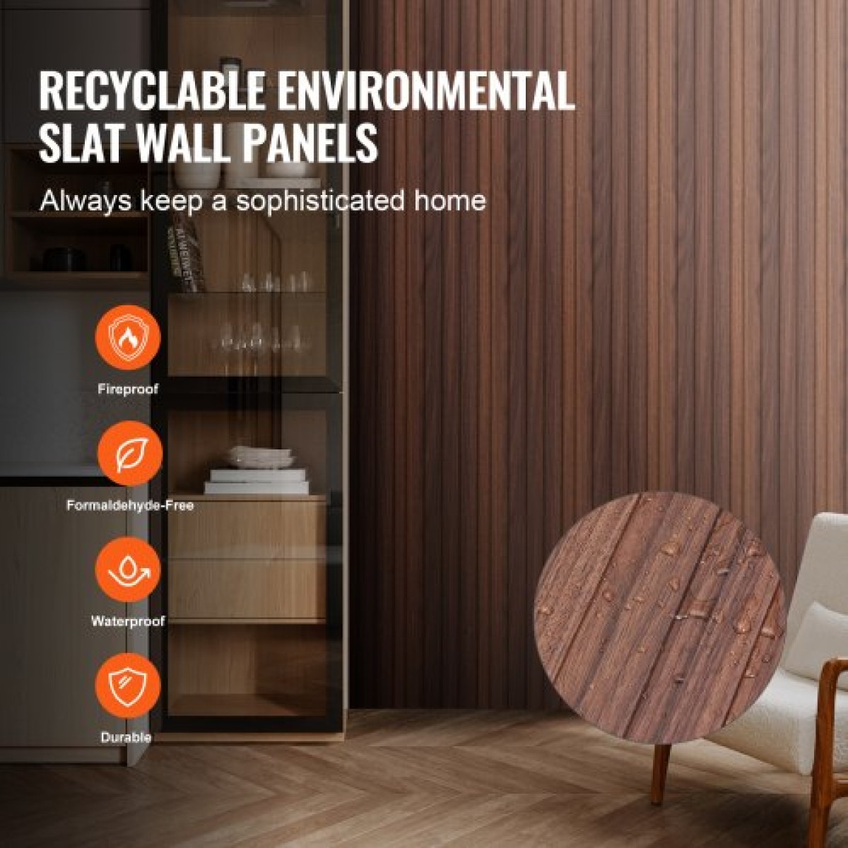 Ακουστικά πάνελ VEVOR Wood Slat, 8 ΤΕΜ 96 x 6 ιντσών, Ξύλινα πάνελ τοίχου WPC Accent για μοντέρνο εσωτερικό τοίχο, πάνελ τοίχου από ψεύτικο ξύλο για κομψή διακόσμηση και μείωση του θορύβου, Dark Teak