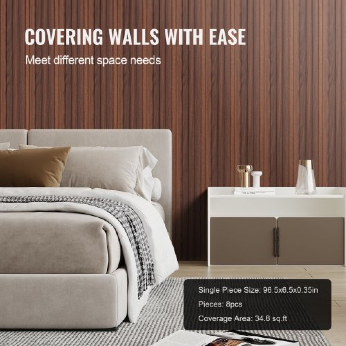 Ακουστικά πάνελ VEVOR Wood Slat, 8 ΤΕΜ 96 x 6 ιντσών, Ξύλινα πάνελ τοίχου WPC Accent για μοντέρνο εσωτερικό τοίχο, πάνελ τοίχου από ψεύτικο ξύλο για κομψή διακόσμηση και μείωση του θορύβου, Dark Teak