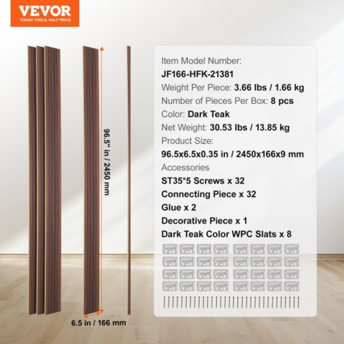 Ακουστικά πάνελ VEVOR Wood Slat, 8 ΤΕΜ 96 x 6 ιντσών, Ξύλινα πάνελ τοίχου WPC Accent για μοντέρνο εσωτερικό τοίχο, πάνελ τοίχου από ψεύτικο ξύλο για κομψή διακόσμηση και μείωση του θορύβου, Dark Teak