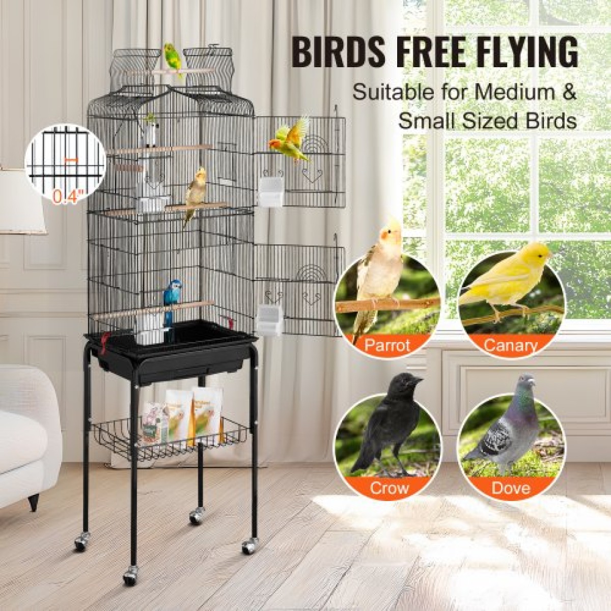 VEVOR Large Bird Cage, 62 in, Open Top Κλουβί Parakeet με Rolling Stand, Steel Bird Flight Cage με αφαιρούμενο δίσκο, Budgie Birdcage με 4 Perches, Parrot Cage for Lovebirds Cockatiels Pet Toy