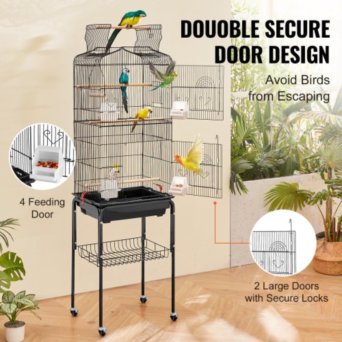 VEVOR Large Bird Cage, 62 in, Open Top Κλουβί Parakeet με Rolling Stand, Steel Bird Flight Cage με αφαιρούμενο δίσκο, Budgie Birdcage με 4 Perches, Parrot Cage for Lovebirds Cockatiels Pet Toy