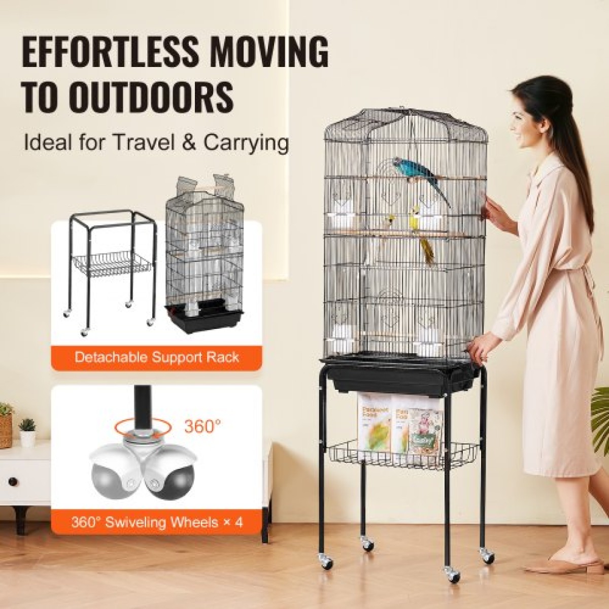 VEVOR Large Bird Cage, 62 in, Open Top Κλουβί Parakeet με Rolling Stand, Steel Bird Flight Cage με αφαιρούμενο δίσκο, Budgie Birdcage με 4 Perches, Parrot Cage for Lovebirds Cockatiels Pet Toy