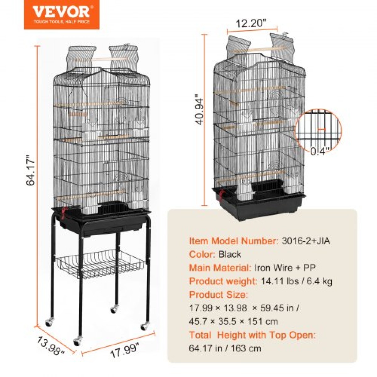 VEVOR Large Bird Cage, 62 in, Open Top Κλουβί Parakeet με Rolling Stand, Steel Bird Flight Cage με αφαιρούμενο δίσκο, Budgie Birdcage με 4 Perches, Parrot Cage for Lovebirds Cockatiels Pet Toy