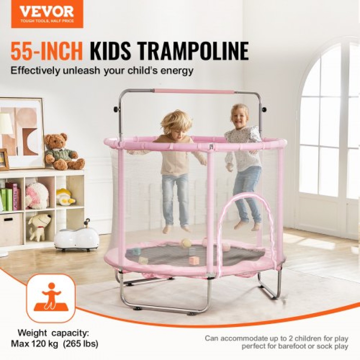 VEVOR 55" Παιδικό τραμπολίνο, 4.6FT τραμπολίνο εσωτερικού χώρου, μίνι τραμπολίνο αναψυχής για νήπια με δίχτυ ασφαλείας και στεφάνι μπάσκετ, Δώρα γενεθλίων Χριστουγεννιάτικα παιχνίδια για παιδιά 3+ ετών, ροζ