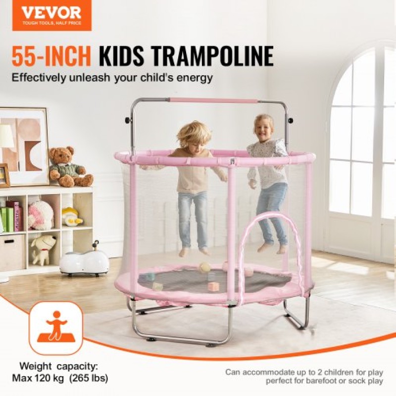 VEVOR 55" Παιδικό τραμπολίνο, 4.6FT τραμπολίνο εσωτερικού χώρου, μίνι τραμπολίνο αναψυχής για νήπια με δίχτυ ασφαλείας και στεφάνι μπάσκετ, Δώρα γενεθλίων Χριστουγεννιάτικα παιχνίδια για παιδιά 3+ ετών, ροζ