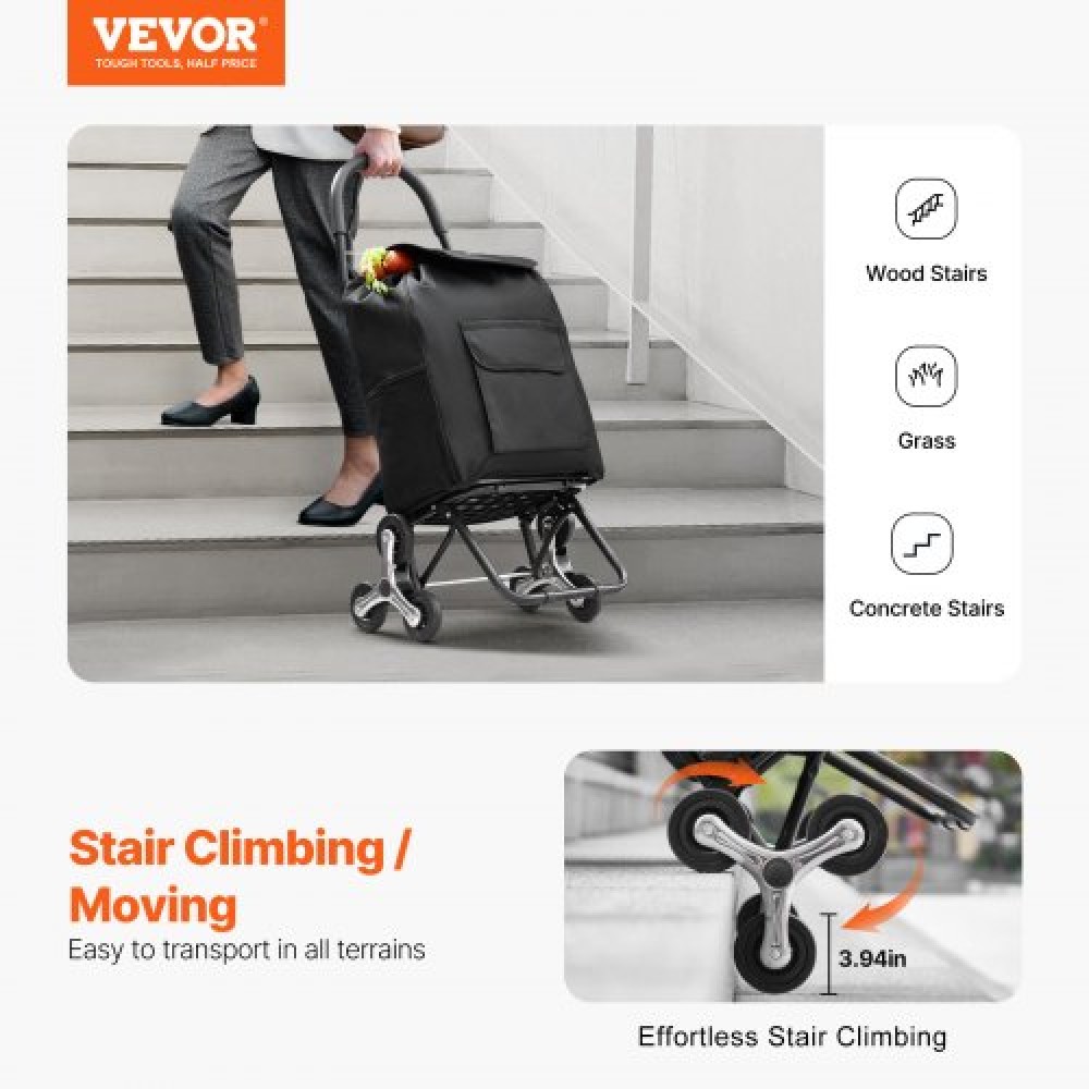 VEVOR Stair Climber Trolley Dolly, 36L αναδιπλούμενο καλάθι αγορών, καροτσάκι παντοπωλείου Trolley Laundry Stair Climbing Handcart with 6 Wheels & Oxford υφασμάτινη τσάντα, αναδιπλούμενο καλάθι για ψώνια παντοπωλείο, μαύρο