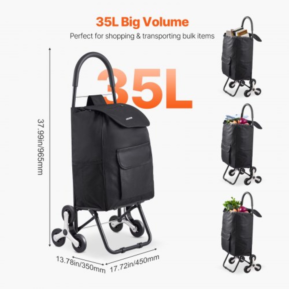 VEVOR Stair Climber Trolley Dolly, 36L αναδιπλούμενο καλάθι αγορών, καροτσάκι παντοπωλείου Trolley Laundry Stair Climbing Handcart with 6 Wheels & Oxford υφασμάτινη τσάντα, αναδιπλούμενο καλάθι για ψώνια παντοπωλείο, μαύρο