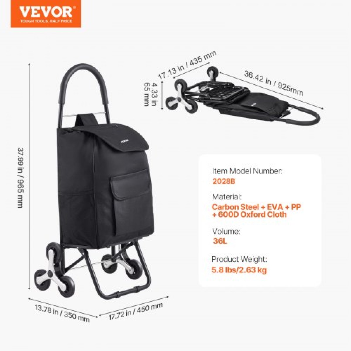 VEVOR Stair Climber Trolley Dolly, 36L αναδιπλούμενο καλάθι αγορών, καροτσάκι παντοπωλείου Trolley Laundry Stair Climbing Handcart with 6 Wheels & Oxford υφασμάτινη τσάντα, αναδιπλούμενο καλάθι για ψώνια παντοπωλείο, μαύρο