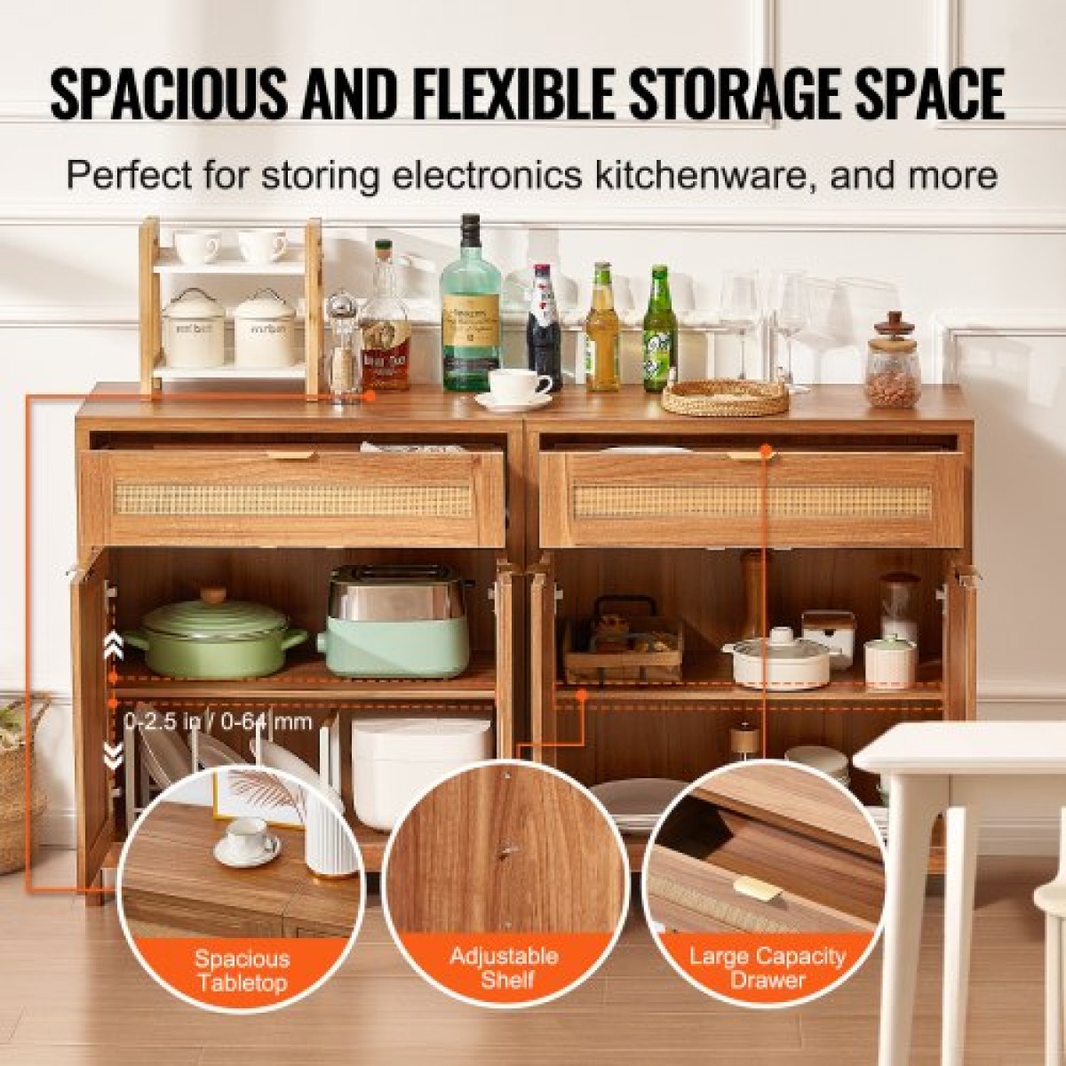 Ντουλάπι VEVOR Rattan, Σετ 2, Ντουλάπι αποθήκευσης Rattan με 4 μαγνητικές πόρτες και 2 συρτάρια, μπουφές μπουφέ με ρυθμιζόμενα ράφια, για διάδρομο, είσοδο, σαλόνι ή κουζίνα, Φυσικό