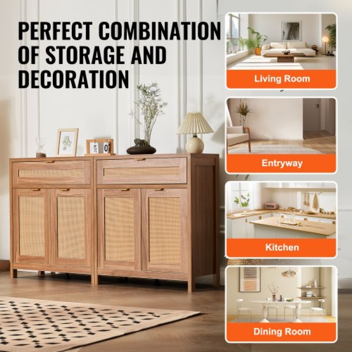 Ντουλάπι VEVOR Rattan, Σετ 2, Ντουλάπι αποθήκευσης Rattan με 4 μαγνητικές πόρτες και 2 συρτάρια, μπουφές μπουφέ με ρυθμιζόμενα ράφια, για διάδρομο, είσοδο, σαλόνι ή κουζίνα, Φυσικό