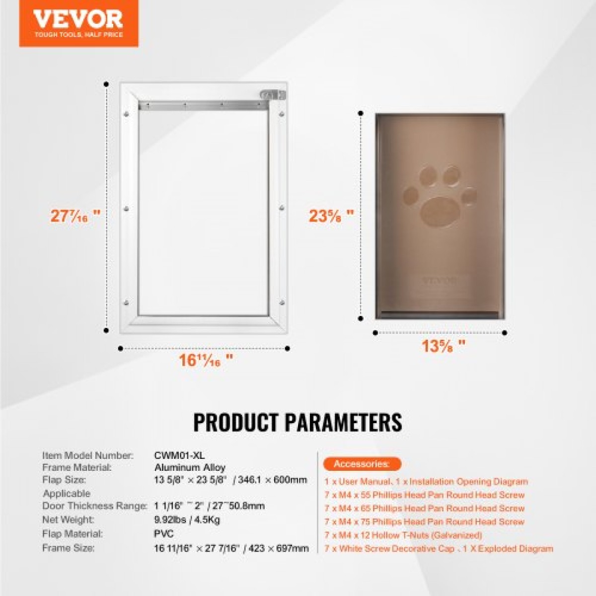 Πόρτα κατοικίδιων VEVOR, 16,65" x 27,44" Πλαίσιο αλουμινίου με σύστημα κλειδαριάς και πτερυγίου, αδιάβροχη πόρτα σκυλιών, εύκολη εγκατάσταση σε εσωτερικές ή εξωτερικές πόρτες, πόρτα για κατοικίδια κατάλληλη για γατάκια σκυλάκια γάτας (Λευκό-XL)