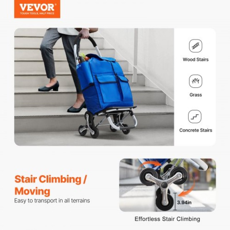 VEVOR Stair Climber Trolley Dolly, 36L αναδιπλούμενο καλάθι αγορών, καροτσάκι παντοπωλείου Τρόλεϊ πλυντήριο σκαλοπατιών χειροκίνητο καροτσάκι με 6 ρόδες & υφασμάτινη τσάντα Oxford, αναδιπλούμενο καρότσι για ψώνια Παντοπωλείο Πλυντήριο ρούχων