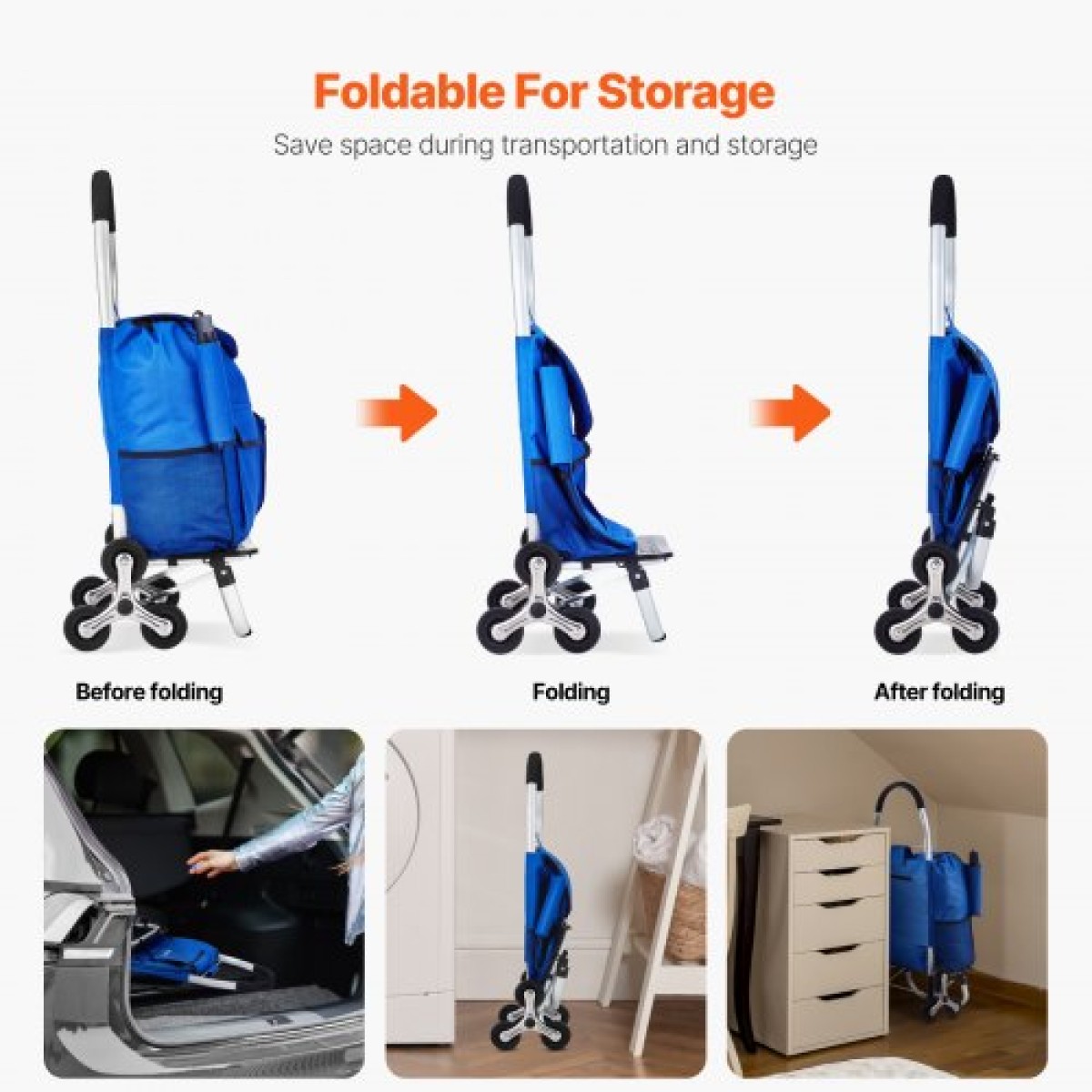 VEVOR Stair Climber Trolley Dolly, 36L αναδιπλούμενο καλάθι αγορών, καροτσάκι παντοπωλείου Τρόλεϊ πλυντήριο σκαλοπατιών χειροκίνητο καροτσάκι με 6 ρόδες & υφασμάτινη τσάντα Oxford, αναδιπλούμενο καρότσι για ψώνια Παντοπωλείο Πλυντήριο ρούχων