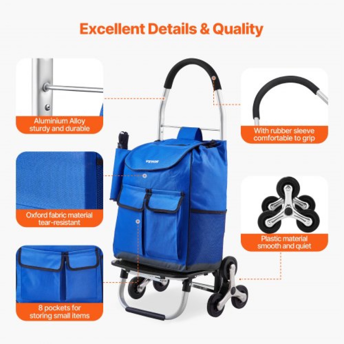 VEVOR Stair Climber Trolley Dolly, 36L αναδιπλούμενο καλάθι αγορών, καροτσάκι παντοπωλείου Τρόλεϊ πλυντήριο σκαλοπατιών χειροκίνητο καροτσάκι με 6 ρόδες & υφασμάτινη τσάντα Oxford, αναδιπλούμενο καρότσι για ψώνια Παντοπωλείο Πλυντήριο ρούχων