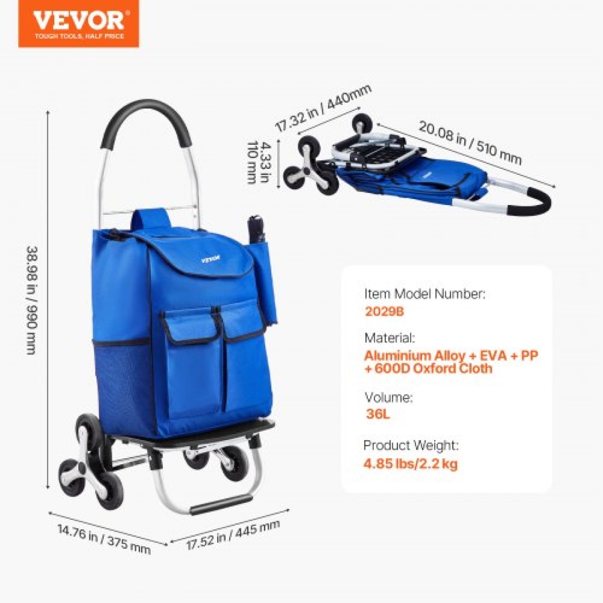 VEVOR Stair Climber Trolley Dolly, 36L αναδιπλούμενο καλάθι αγορών, καροτσάκι παντοπωλείου Τρόλεϊ πλυντήριο σκαλοπατιών χειροκίνητο καροτσάκι με 6 ρόδες & υφασμάτινη τσάντα Oxford, αναδιπλούμενο καρότσι για ψώνια Παντοπωλείο Πλυντήριο ρούχων