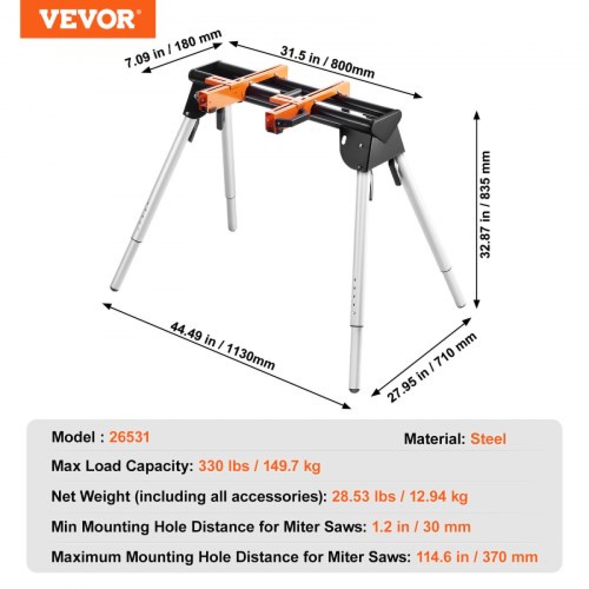 Βάση Miter Saw VEVOR, Πτυσσόμενη βάση από χάλυβα χωρητικότητας 330lbs για Mitre Saw με μονοκόμματους βραχίονες στήριξης, ρυθμιζόμενο ύψος 29,1"-32,9", φορητή, συμπαγής και πτυσσόμενη βάση φαλτσοπρίονο