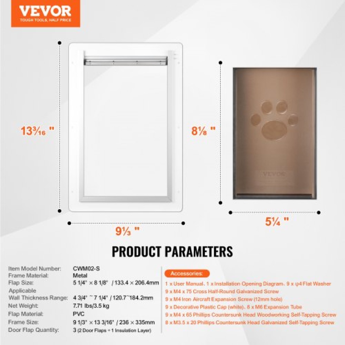 Πόρτα κατοικίδιων VEVOR, 9,29" x 13,19" μεταλλικό πλαίσιο με κλειδαριά και σύστημα 3 πτερυγίων, αδιάβροχη πόρτα σκυλιών, εύκολη εγκατάσταση σε εσωτερικούς ή εξωτερικούς τοίχους, πόρτα για κατοικίδια κατάλληλη για γατάκια σκυλάκια γάτας (Λευκό-Μι