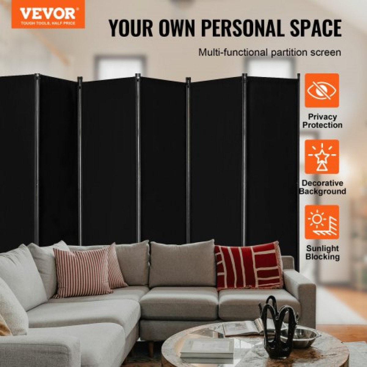 VEVOR Room Divider, 6 panels Room Divider, Πτυσσόμενη οθόνη Privacy και φορητό διαχωριστικό για διαχωρισμό δωματίων, χωρίσματα ανεξάρτητων δωματίων για γραφείο, υπνοδωμάτιο, μελέτη, μαύρο
