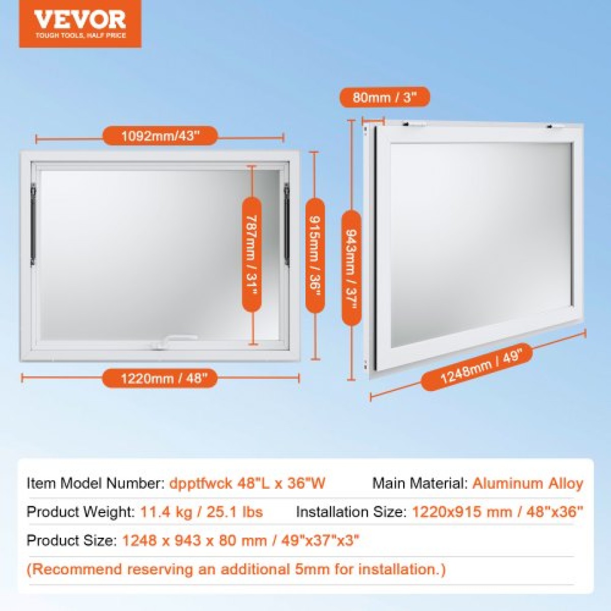 VEVOR Concession Window for Food Truck, 48"x36" κράμα αλουμινίου Food Truck Παράθυρο σέρβις, Έως 85 μοιρών Stand παράθυρο σερβιρίσματος με τέντα πόρτα & σύρσιμο γάντζο, για Food Trucks Concession Trailers