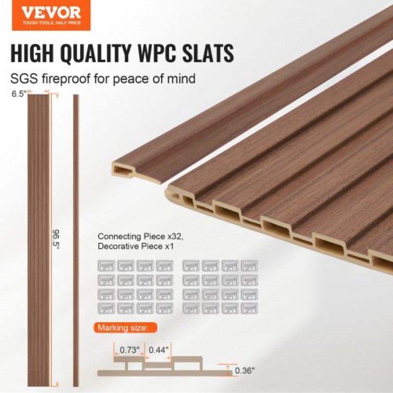 Ακουστικά πάνελ VEVOR Wood Slat, 8 ΤΕΜ 96 x 6 ιντσών, Ξύλινα πάνελ τοίχου WPC Accent για μοντέρνο εσωτερικό τοίχο, πάνελ τοίχου από ψεύτικο ξύλο για κομψή διακόσμηση και μείωση θορύβου, γκρι δρυς