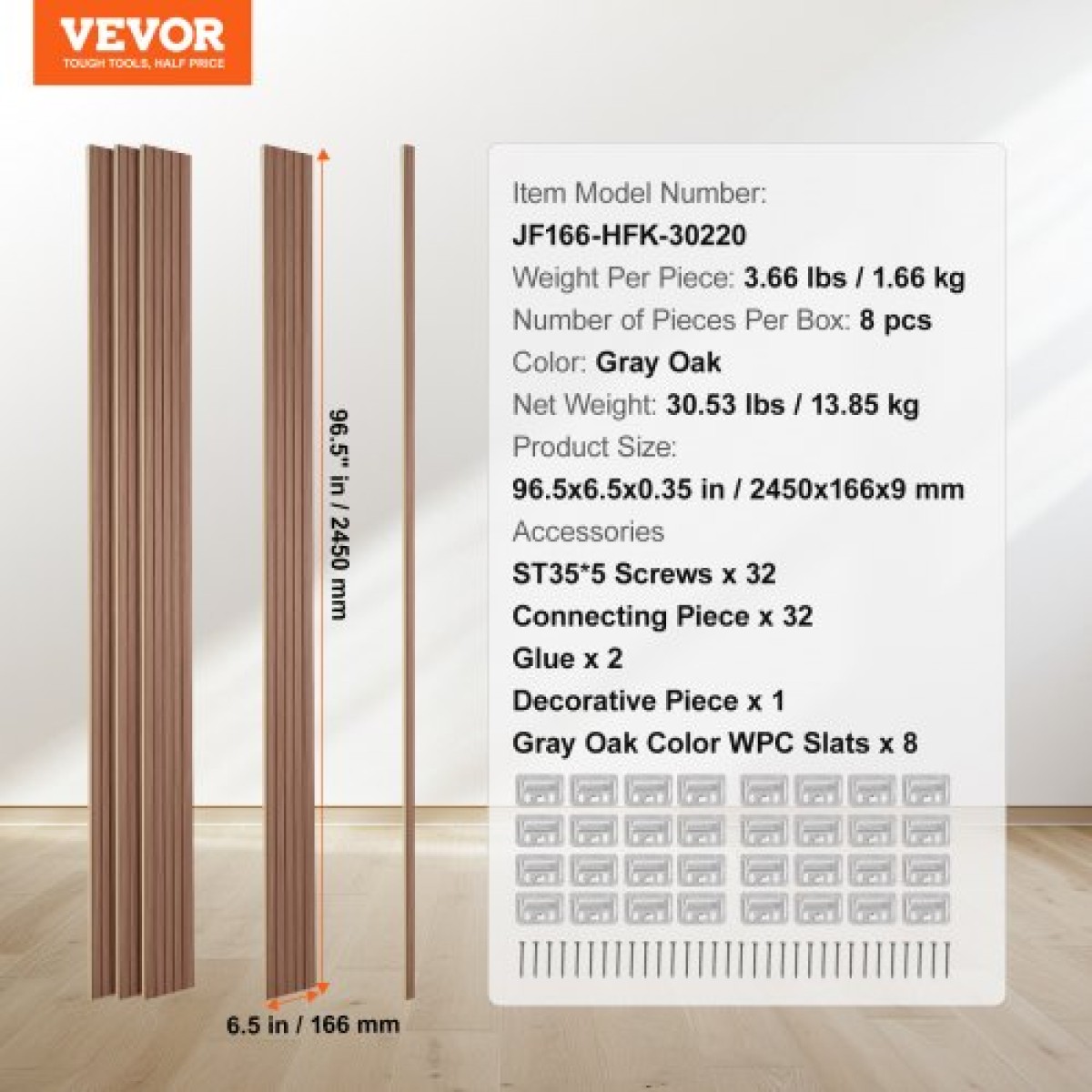 Ακουστικά πάνελ VEVOR Wood Slat, 8 ΤΕΜ 96 x 6 ιντσών, Ξύλινα πάνελ τοίχου WPC Accent για μοντέρνο εσωτερικό τοίχο, πάνελ τοίχου από ψεύτικο ξύλο για κομψή διακόσμηση και μείωση θορύβου, γκρι δρυς