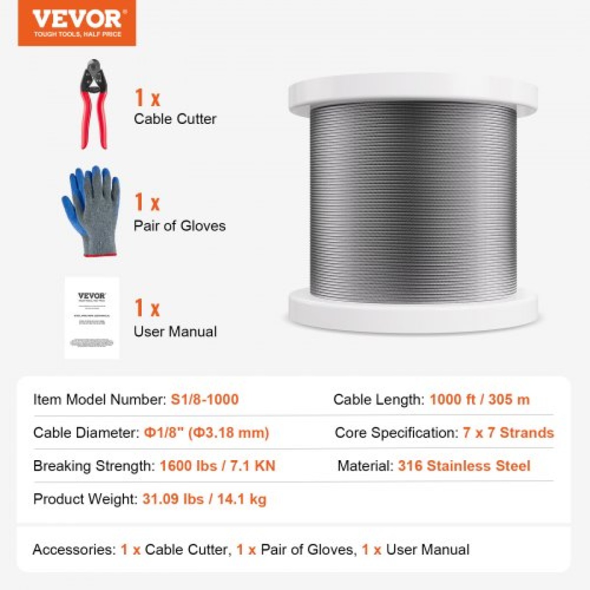 Σετ συρματόσχοινων VEVOR, 1/8" 1000 πόδια 316 καλώδιο από ανοξείδωτο χάλυβα με κόφτη και γάντια, 1600 λίβρες αντοχή σε θραύση, 7x7 σκέλη Κατασκευή θαλάσσιων αεροσκαφών Κατηγορία για φράχτη κουπαστής καταστρώματος σκάλας σε εξωτερικούς χώρους