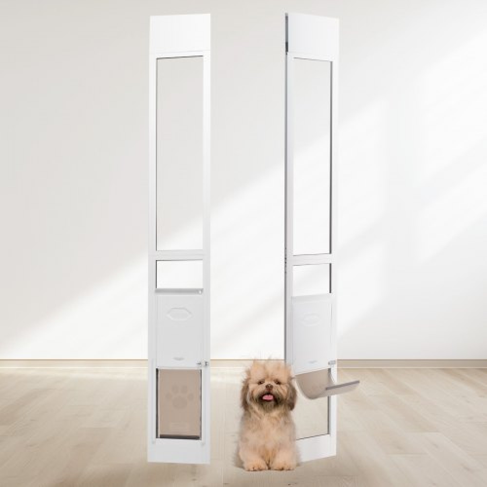 VEVOR Dog Door για Συρόμενη Γυάλινη Πόρτα, 75 7/8"-80 11/16" Ρυθμιζόμενη Πόρτα Doggy για Συρόμενες Πόρτες, Πόρτα από Αλουμίνιο Tempered Glass Pet Door με πτερύγιο και κλειδαριά δομής μεντεσέδων για σκύλους μικρού μεγέθους