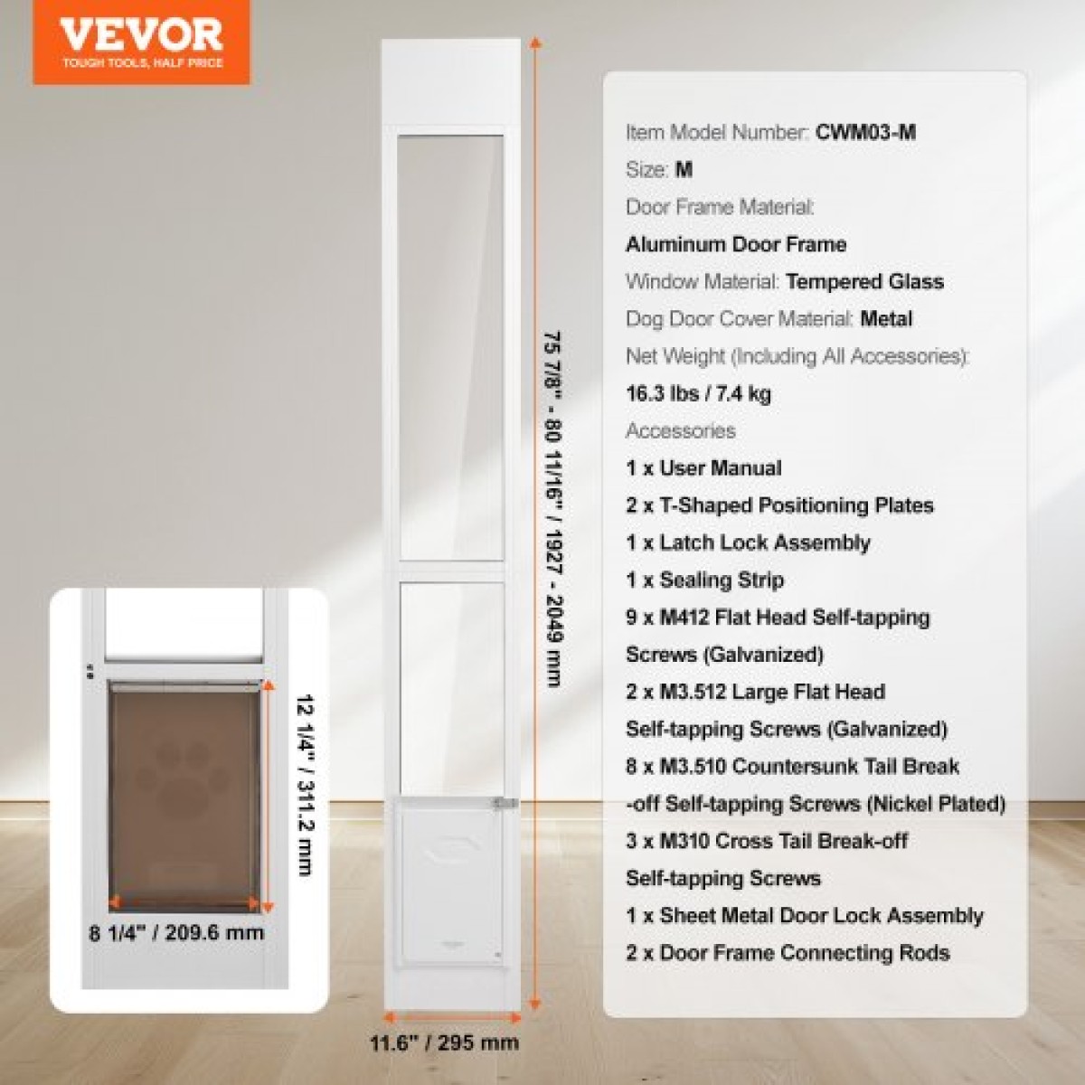 VEVOR Dog Door για Συρόμενη Γυάλινη Πόρτα, 75 7/8"-80 11/16" Ρυθμιζόμενη Πόρτα Doggy για Συρόμενες Πόρτες, Πόρτα από Αλουμίνιο Tempered Glass Pet Door με πτερύγιο και κλειδαριά δομής μεντεσέδων για σκύλους μικρού μεγέθους